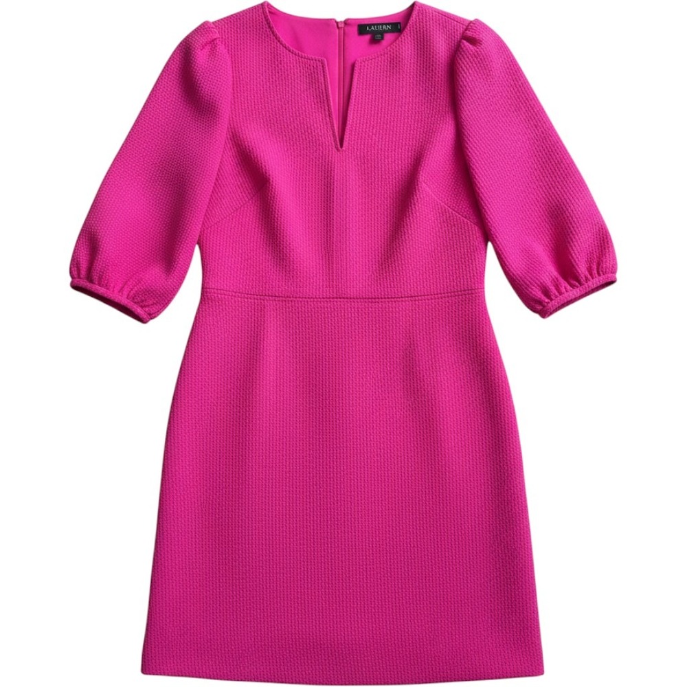 Lauren Ralph‎ Lauren Shift Dress 10 Pink Puff Sleeve Split Neck Classic Office